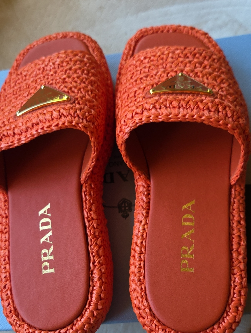 Prada Orange Woven Raffia Slide Mules with Gold Logo - Picture 6 of 7
